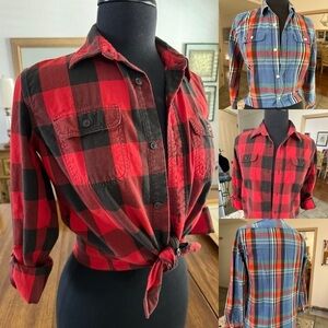 Gap Kids Unisex Long Sleeve Button Up Shirt‎ Set of Two Plaid Red & Blue XXL